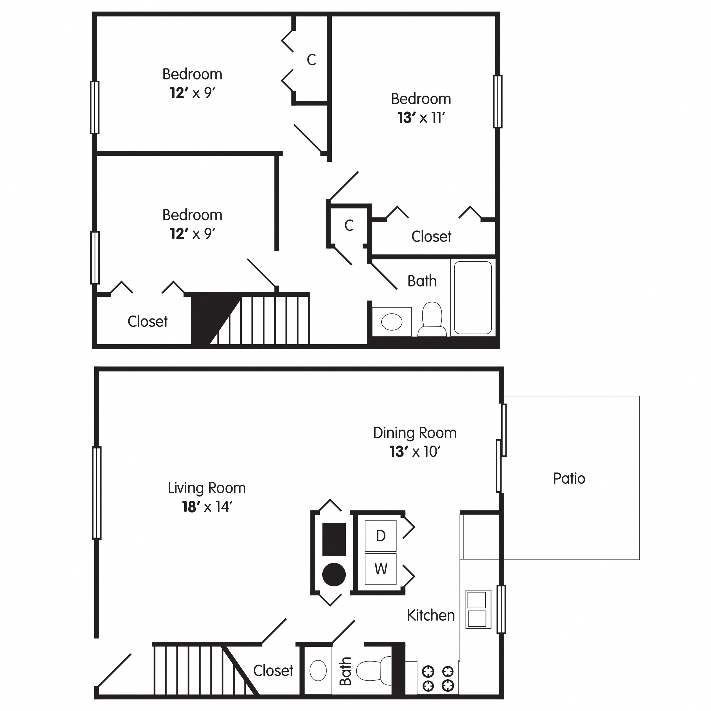 Floor plan for 3 beds, 1.5 baths, 1104 sqft